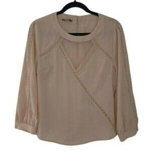 Bebe Blouse With Crochet Details & Keyhole Back Womens Beige Long Sleeve Size L